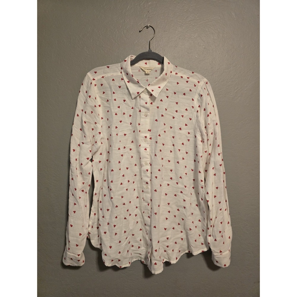 NWT Lucky Brand White Red Hearts Long Sleeve Button Up Blouse Love Preppy Sz M